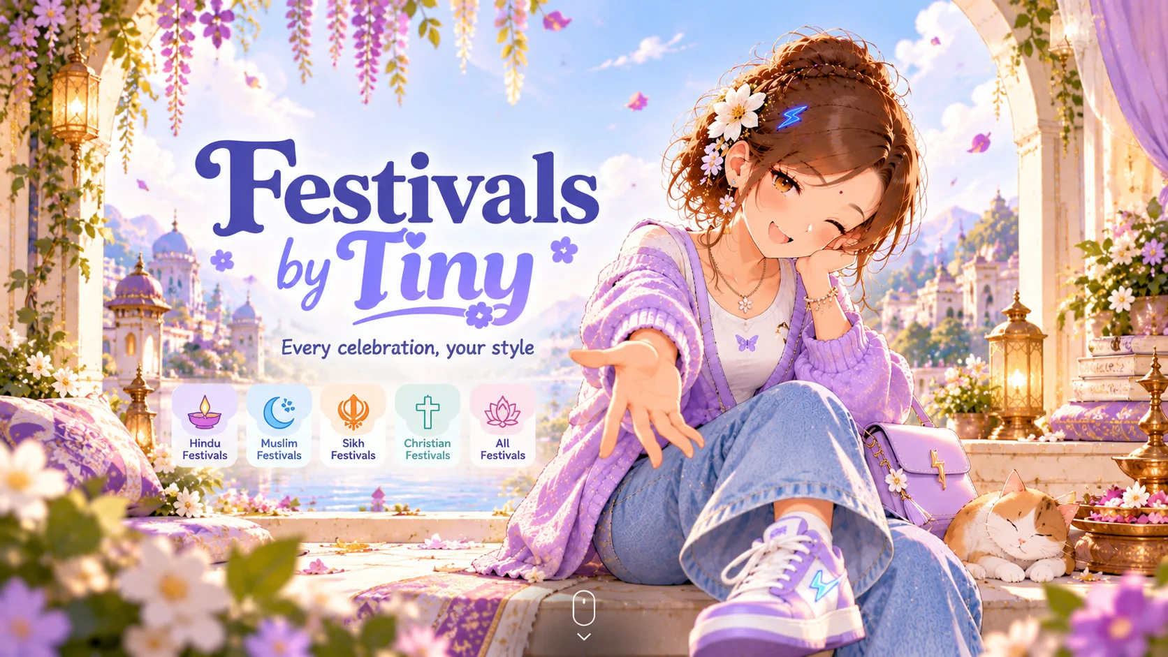 Tiny, an anime-style girl in a lilac cardigan, smiling in a flower-filled courtyard. Title: Festivals by Tiny, every celebration, your style.